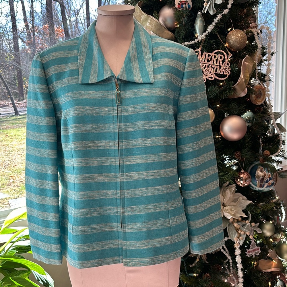 Vintage Anne Crimmins UMI Collection Silk Jacket Turquoise Full Zip  Size 14
